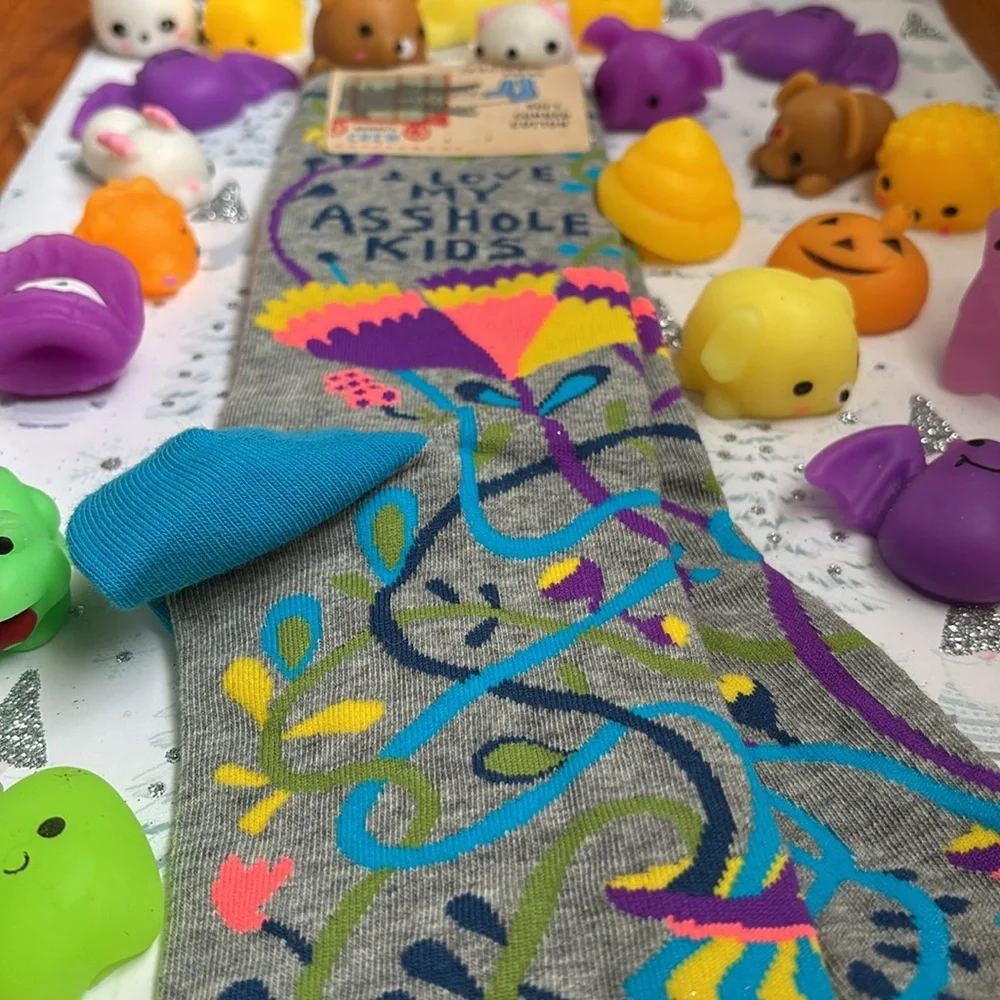 Blue Q women’s crew socks “I love my A$$hole kids” NWT + 30 squishies